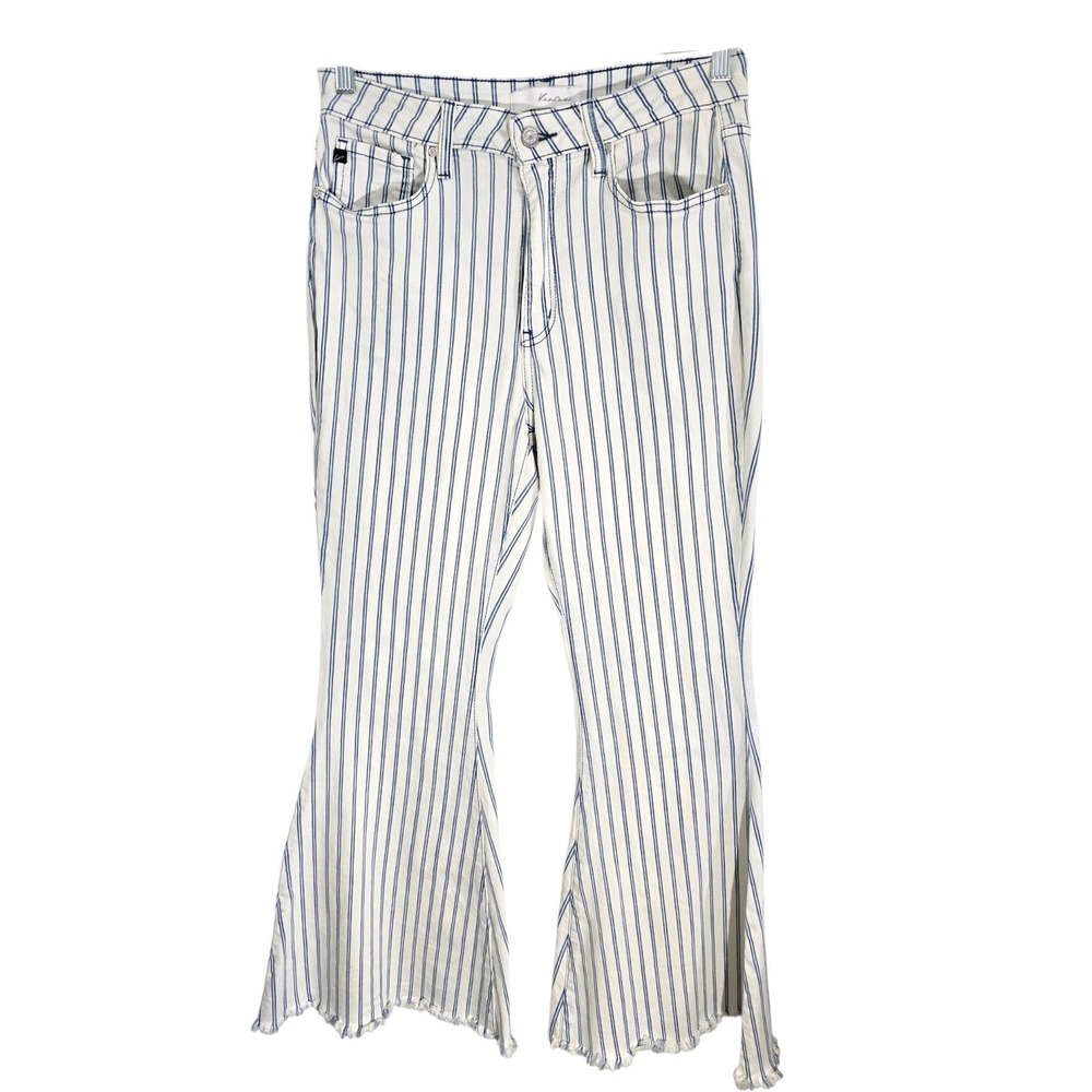 KanCan Blue White Vertical Stripe High Rise Flare Jeans Raw Hem KC5243M 11/29